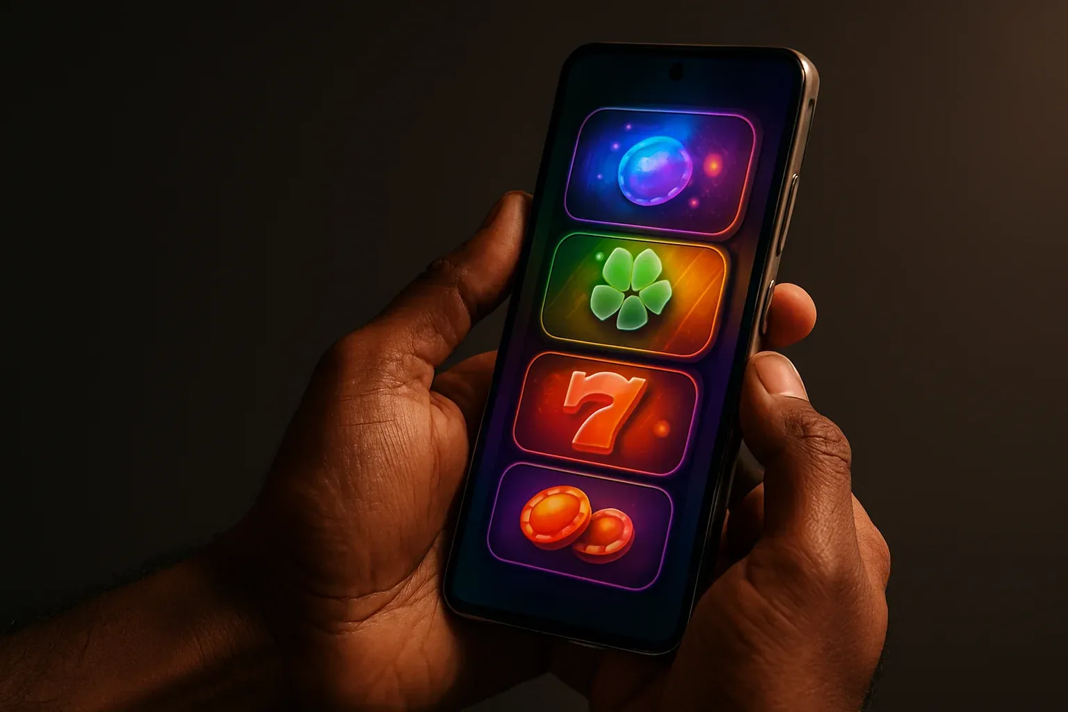 Premium Android smartphone held by Bangladeshi male hands with glowing app interface
