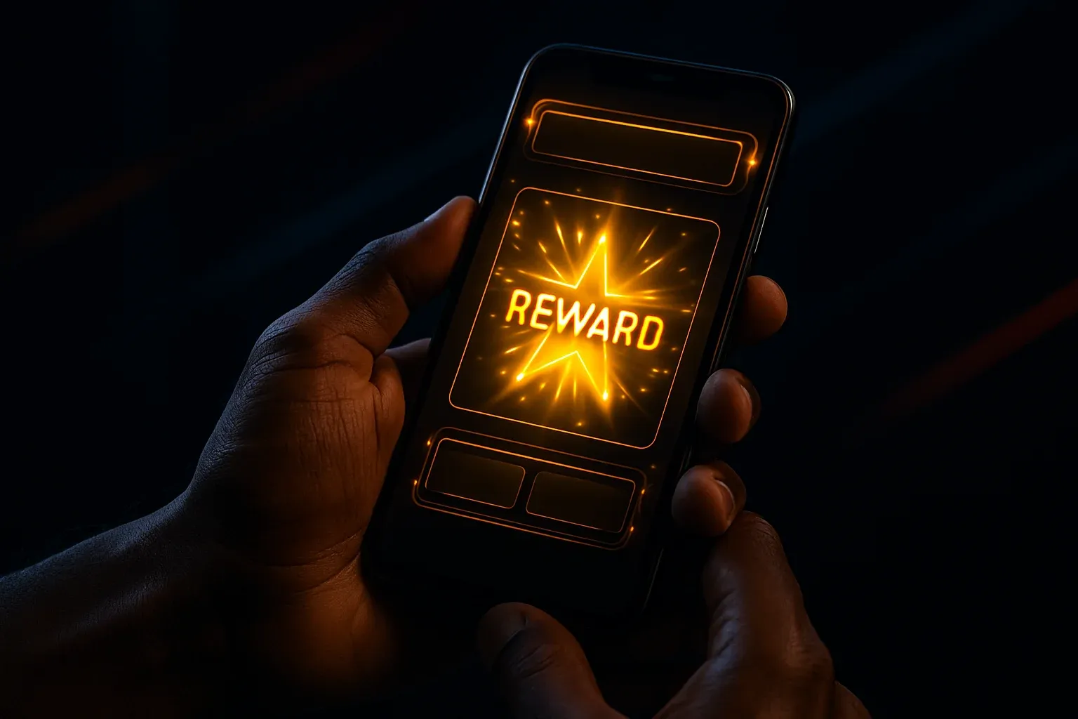 Bangladeshi man hands holding smartphone showing glowing golden reward animation