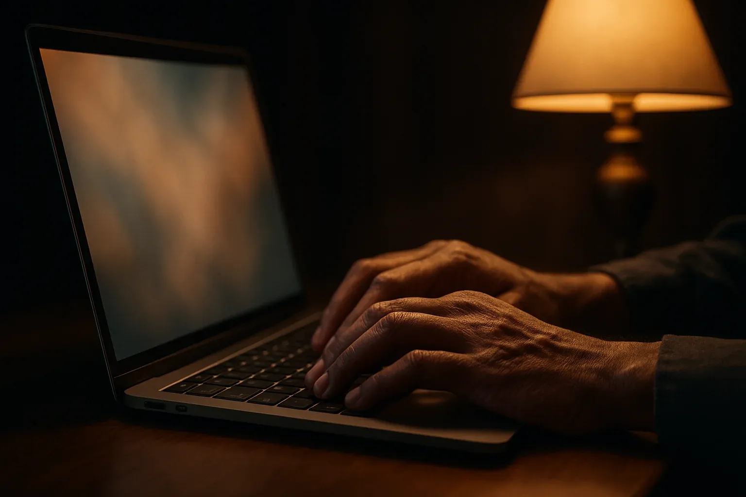 Cinematic close-up of Bangladeshi hands typing on laptop keyboard