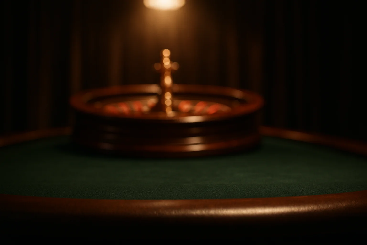 Ultra-realistic casino table with roulette wheel in soft focus and green felt