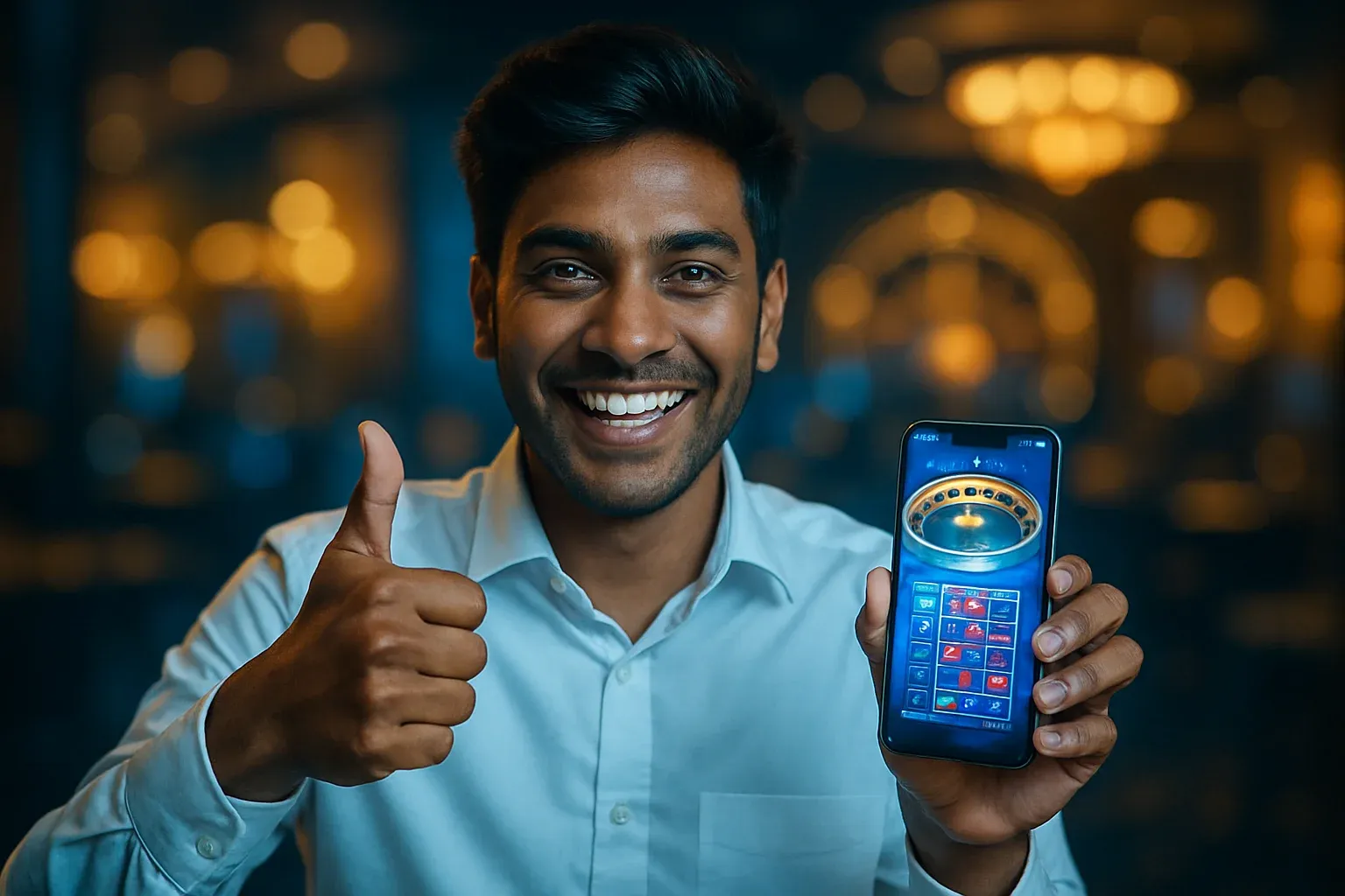 Grinning Bangladeshi man thumbs-up holding smartphone with blurred casino app interface