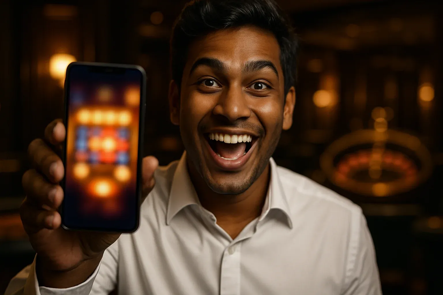 Excited young Bangladeshi man holding smartphone with blurred casino interface