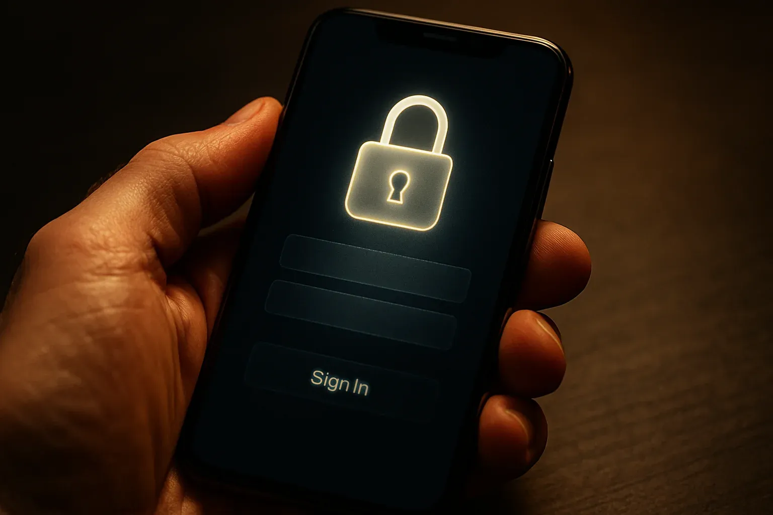Macro photo of smartphone showing padlock login interface in hand