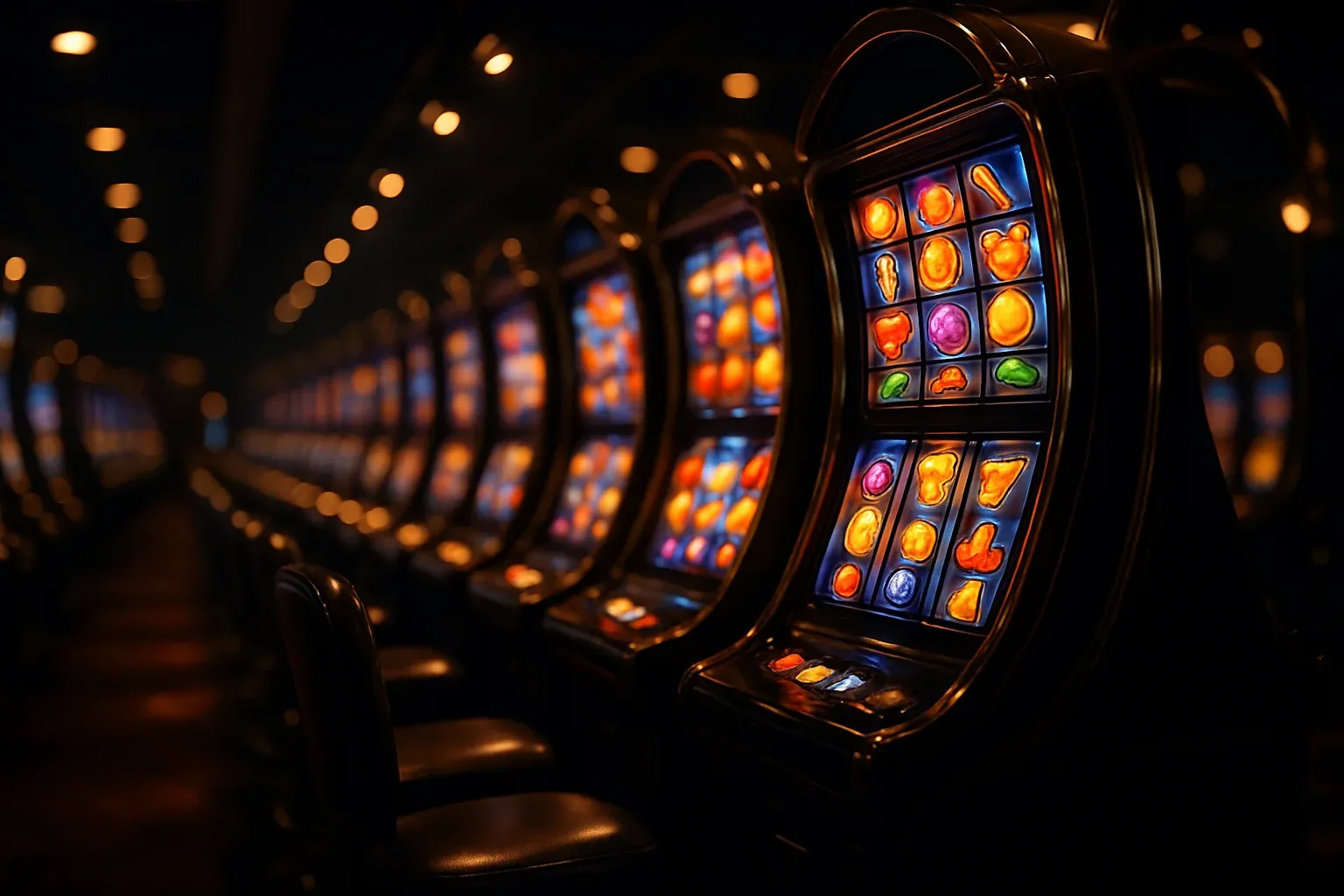 Ultra-realistic wide shot of opulent slot machine hall with glowing cabinets